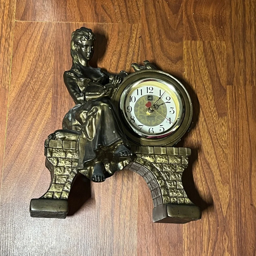 Vintage Victorian Lady Figural Clock Bronze Tone Mantel Decor Taiwan ‼️WORKS‼️